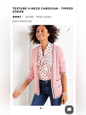 Talbots Pink Ribbed Open-Front Cardigan with Black Trim